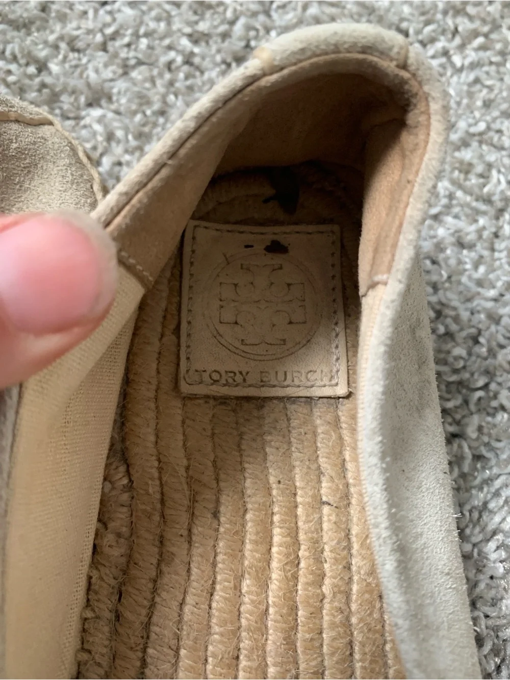 Tory Burch Pearl Logo Beige Suede Slip-On Espadrilles with Black Toe